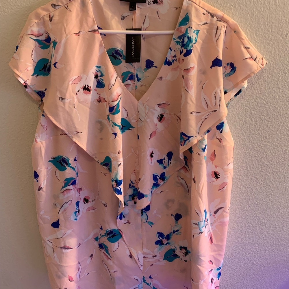 Lane Bryant Pink Floral V-Neck Flutter Sleeve Top